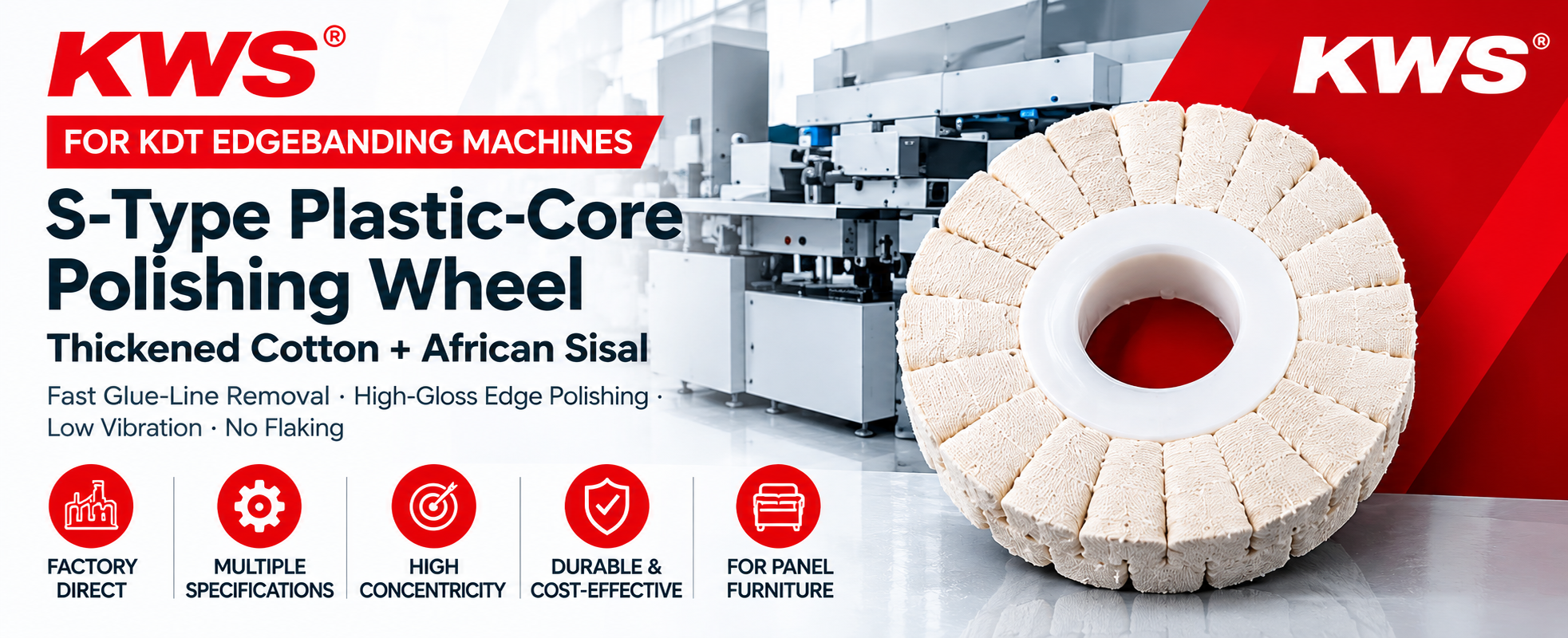 KWS KDT Edgebanding Machine Polishing Wheel S-Type Cotton Sisal Plastic Core Polishing Wheel